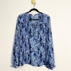 Joie Blue Paisley Print Split Crewneck Long Sleeve Blouse
